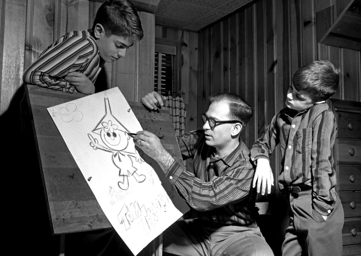 Pracujący Gene Deitch wraz z synami Kimem i Simonem (Tarrytown, N.Y., 1957), fot. CBS Photo Archive