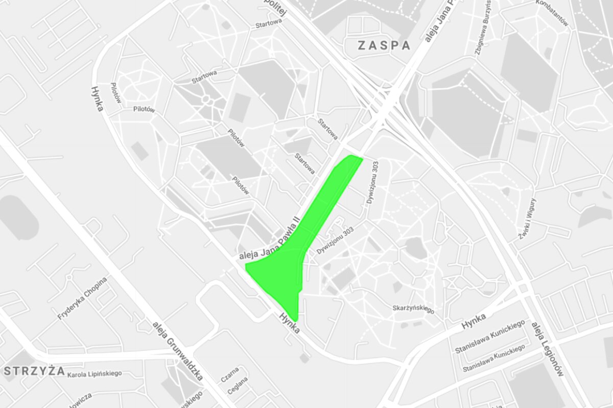 Zaspa-Młyniec – południowa część dawnego pasa startowego przy al. Jana Pawła II, Biuro Rozwoju Gdańska, Google Maps