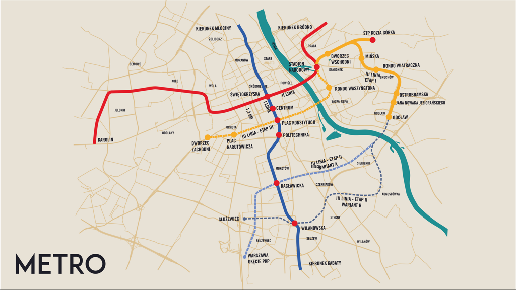Planowany schemat linii metra w Warszawie z uwzględnieniem w komunikacji 3 linii, metro, Warszawa